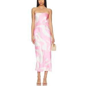SNDYS Pink White Swirl Strapless Satin Midi Dress SMALL Bodycon Cocktail $72 NEW